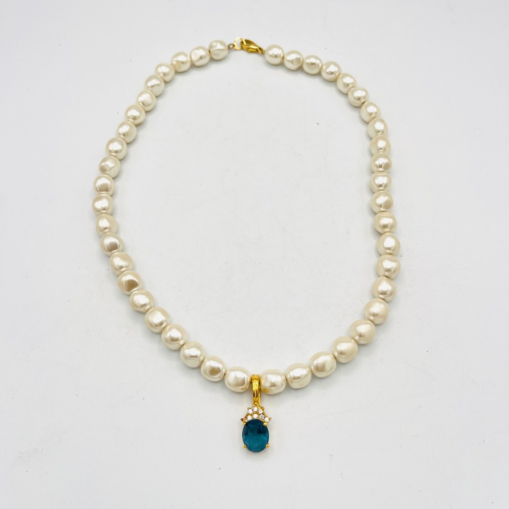 Roman Pearl Necklace Teal Blue Crystal Enhancer Pendant Gold Tone 19 Inch